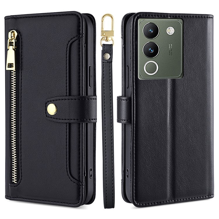 For vivo V29e (Global) 5G Case Wallet Leather Stand Phone Cover with 2 Straps - Black