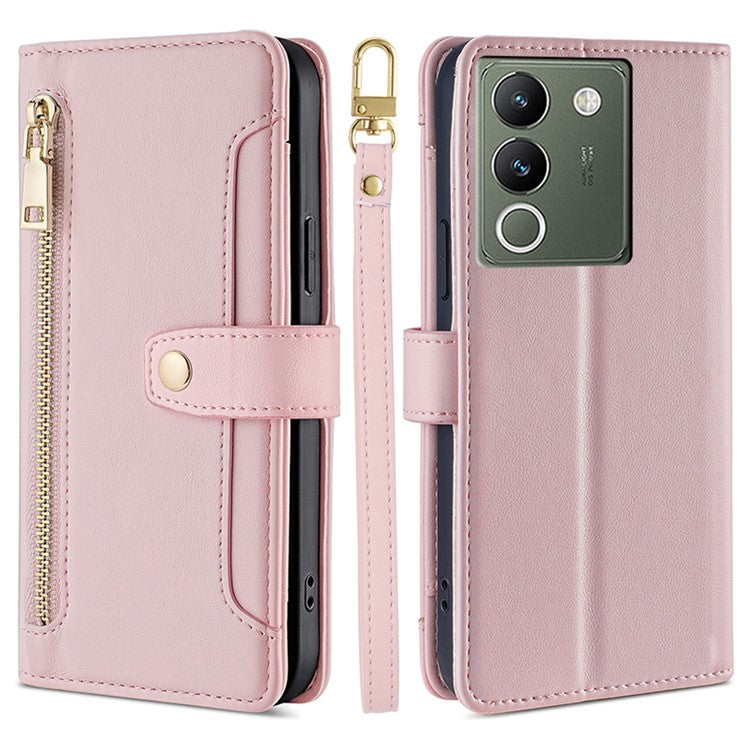 For vivo V29e (Global) 5G Case Wallet Leather Stand Phone Cover with 2 Straps - Pink