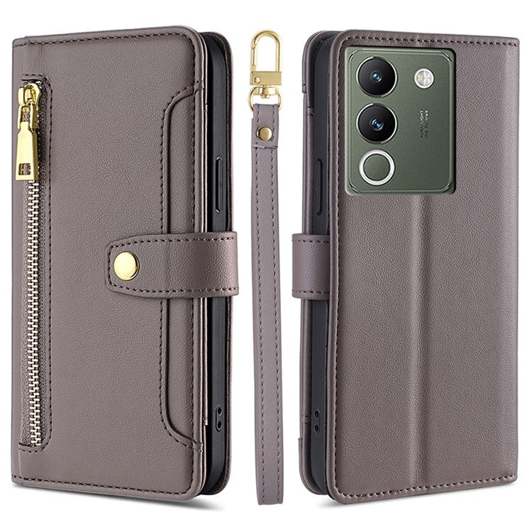 For vivo V29e (Global) 5G Case Wallet Leather Stand Phone Cover with 2 Straps - Grey