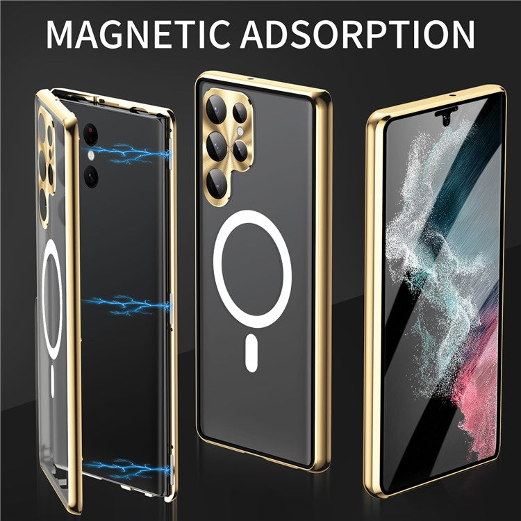 For Samsung Galaxy S24 Ultra Magnetic Case Tempered Glass+Matte PC Metal Frame Cover - Gold