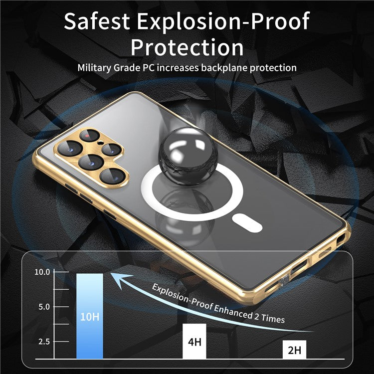 For Samsung Galaxy S24 Ultra Magnetic Case Tempered Glass+Matte PC Metal Frame Cover - Gold