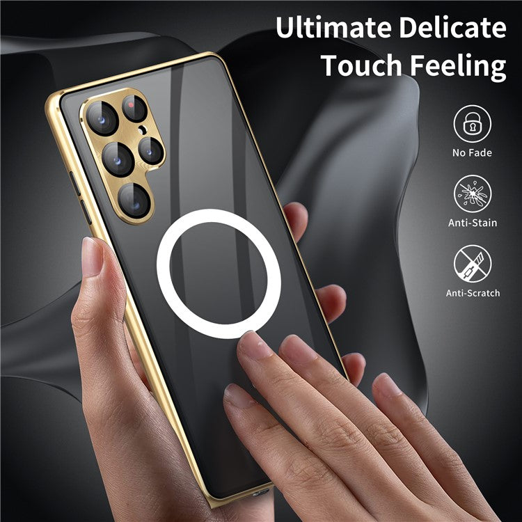 For Samsung Galaxy S24 Ultra Magnetic Case Tempered Glass+Matte PC Metal Frame Cover - Gold