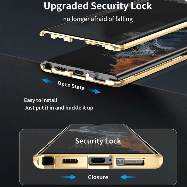 For Samsung Galaxy S24 Ultra Magnetic Case Tempered Glass+Matte PC Metal Frame Cover - Gold