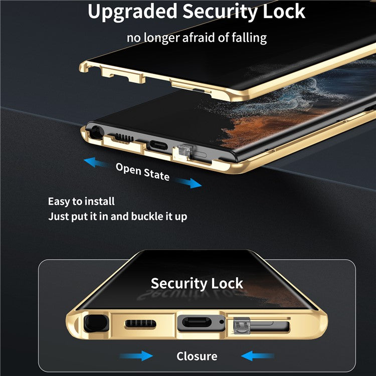 For Samsung Galaxy S24 Ultra Case Anti-Spy Double-Sided Tempered Glass Magnetic Phone Cover - Gold