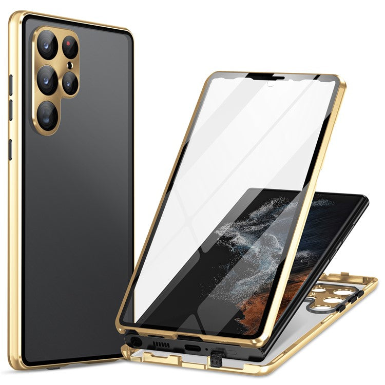 For Samsung Galaxy S24 Ultra Case Double Sides Tempered Glass Magnetic Metal Frame Cover - Gold