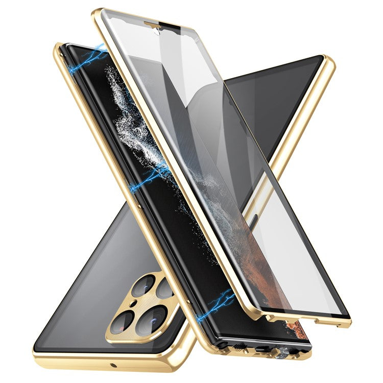 For Samsung Galaxy S24 Ultra Case Double Sides Tempered Glass Magnetic Metal Frame Cover - Gold