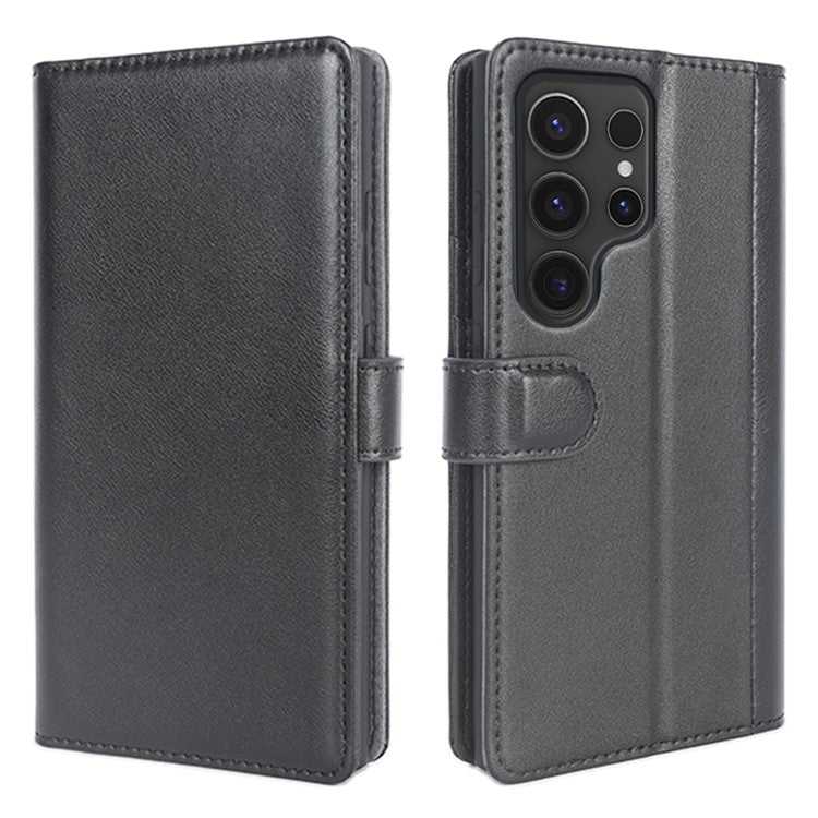 For Samsung Galaxy S24 Ultra Case Genuine Split Leather Stand Wallet Phone Cover - Black