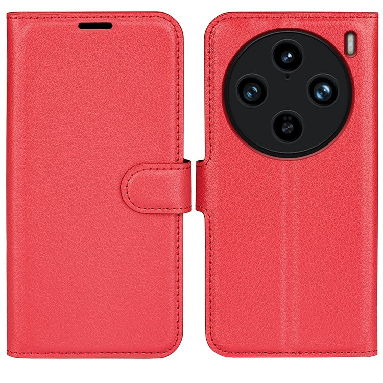 For vivo X100 Pro 5G Cell Phone Case Litchi Texture Leather Wallet Anti-shock Cover - Red