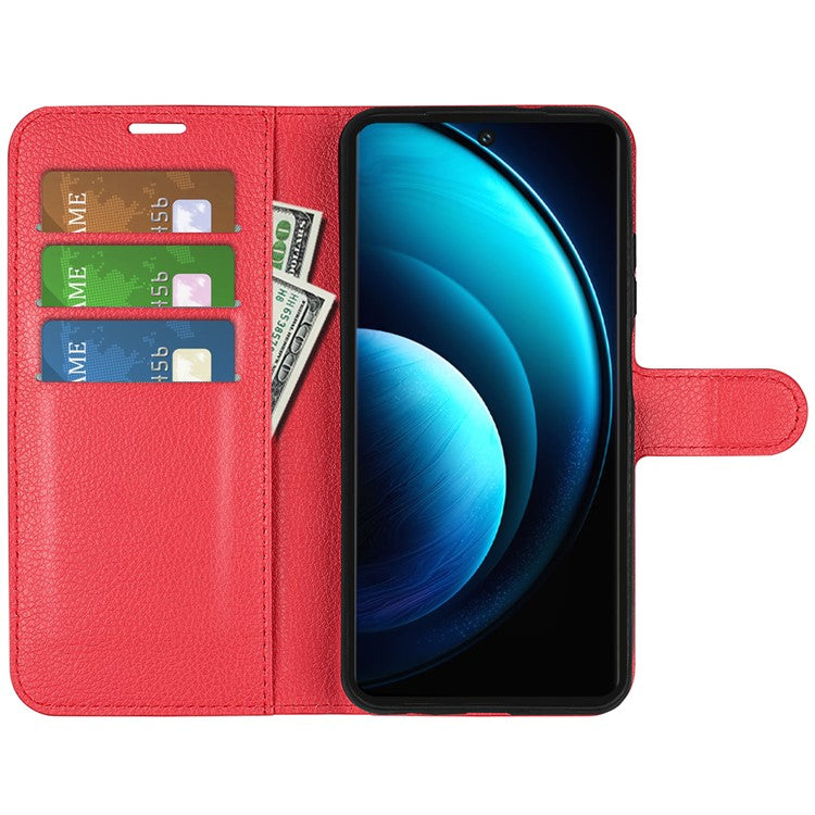 For vivo X100 Pro 5G Cell Phone Case Litchi Texture Leather Wallet Anti-shock Cover - Red