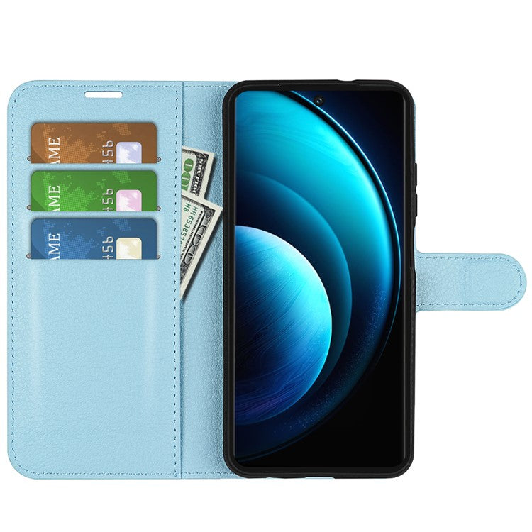 For vivo X100 Pro 5G Cell Phone Case Litchi Texture Leather Wallet Anti-shock Cover - Blue