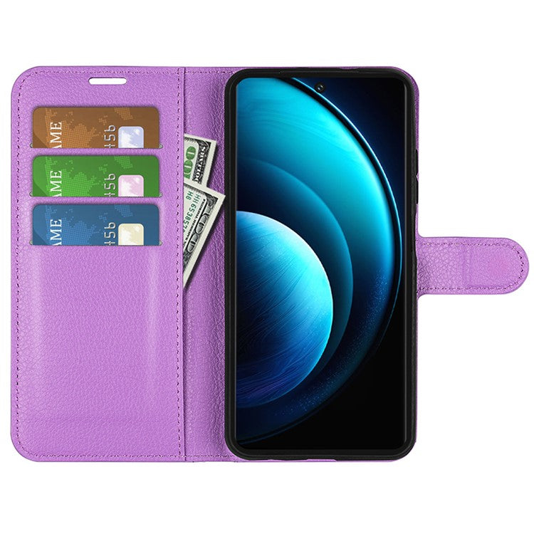 For vivo X100 Pro 5G Cell Phone Case Litchi Texture Leather Wallet Anti-shock Cover - Purple