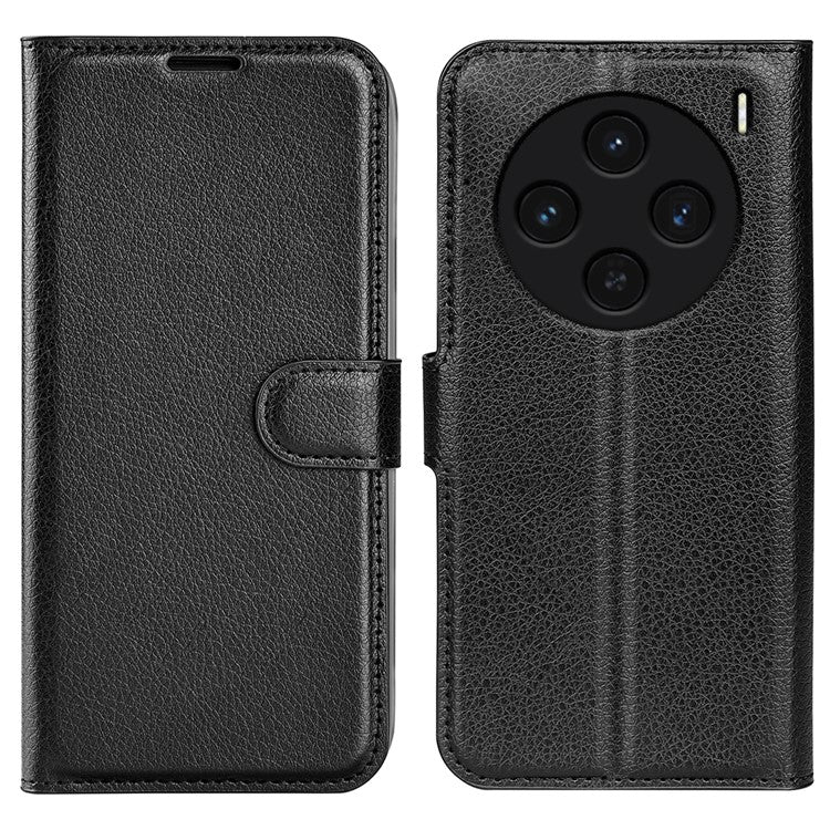 For vivo X100 5G Cell Phone Case Litchi Texture Shockproof Leather Stand Cover - Black