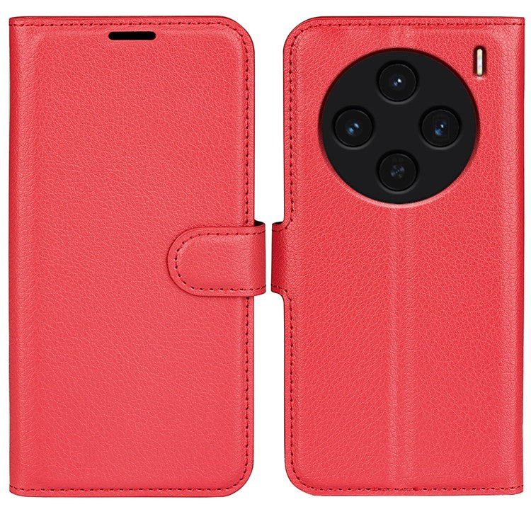 For vivo X100 5G Cell Phone Case Litchi Texture Shockproof Leather Stand Cover - Red