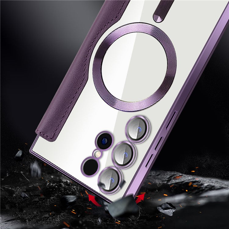 For Samsung Galaxy S24 Ultra Case Compatible with MagSafe Electroplating RFID Blocking Clear Phone Cover - Purple