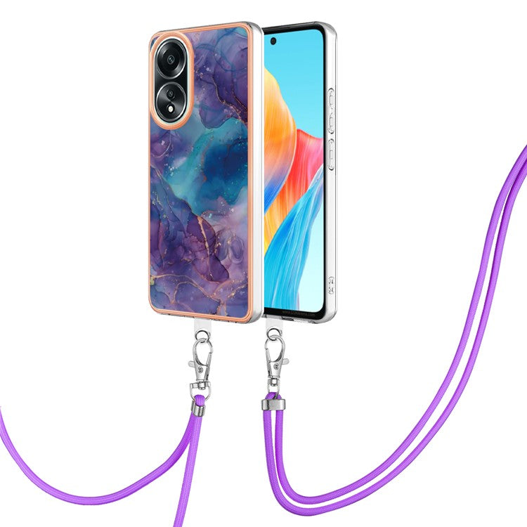 YB IMD Series-18 Style E for Oppo A58 4G Case Marble Pattern Electroplating Cover with Lanyard - Purple