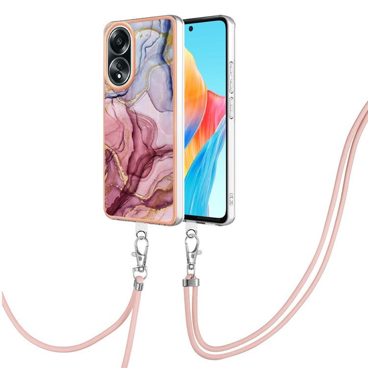 YB IMD Series-18 Style E for Oppo A58 4G Case Marble Pattern Electroplating Cover with Lanyard - Rose Gold