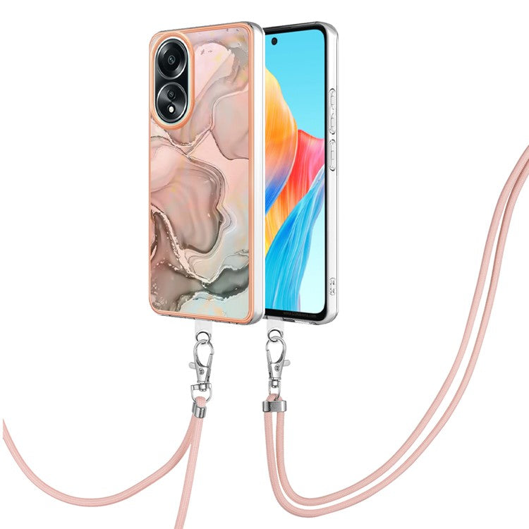 YB IMD Series-18 Style E for Oppo A58 4G Case Marble Pattern Electroplating Cover with Lanyard - Pink