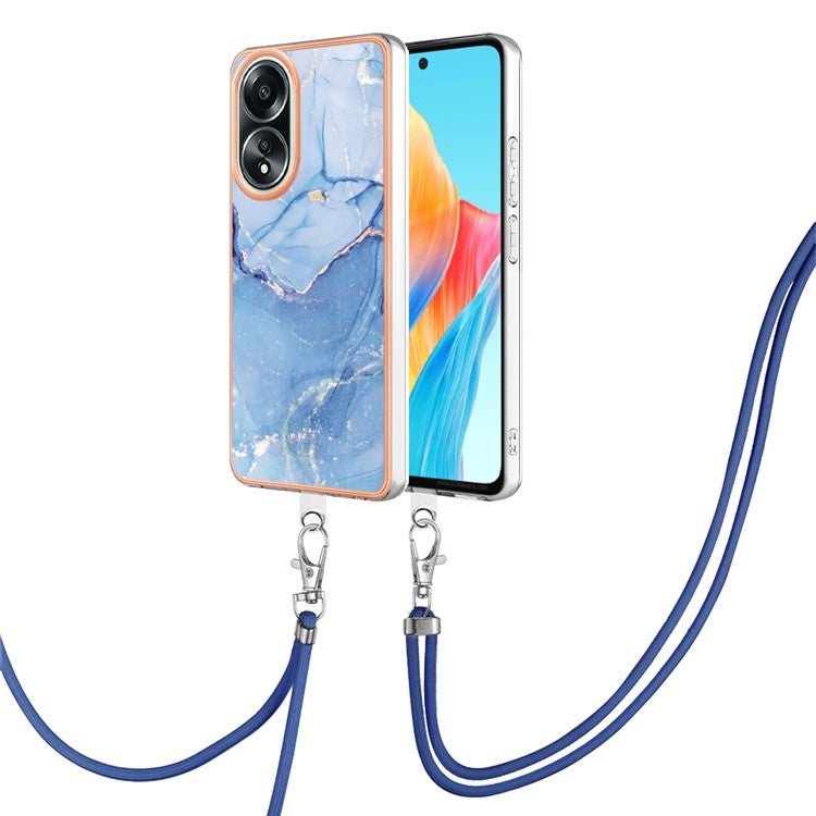 YB IMD Series-18 Style E for Oppo A58 4G Case Marble Pattern Electroplating Cover with Lanyard - Blue