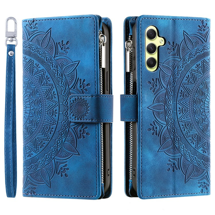 For Samsung Galaxy A55 5G Phone Case Mandala Pattern Leather Cover with Strap - Blue