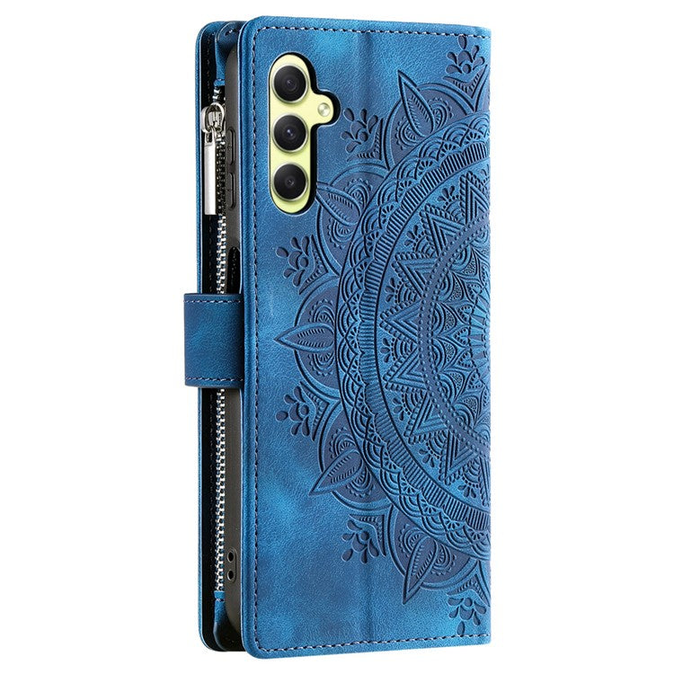 For Samsung Galaxy A55 5G Phone Case Mandala Pattern Leather Cover with Strap - Blue