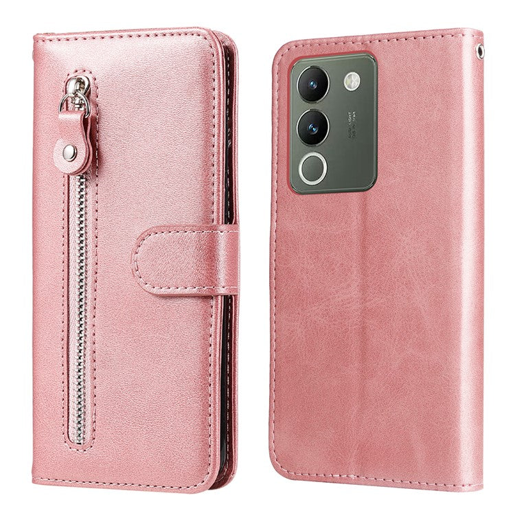 For vivo Y200 (India) 5G / V29e (Global) 5G Zipper Wallet Case Calfskin Leather Cover - Pink