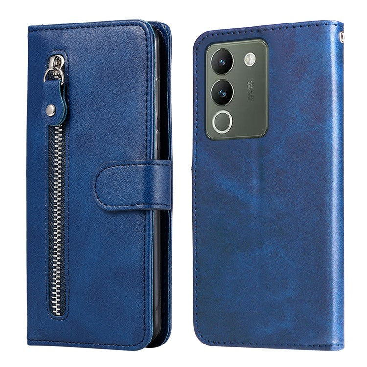 For vivo Y200 (India) 5G / V29e (Global) 5G Zipper Wallet Case Calfskin Leather Cover - Blue