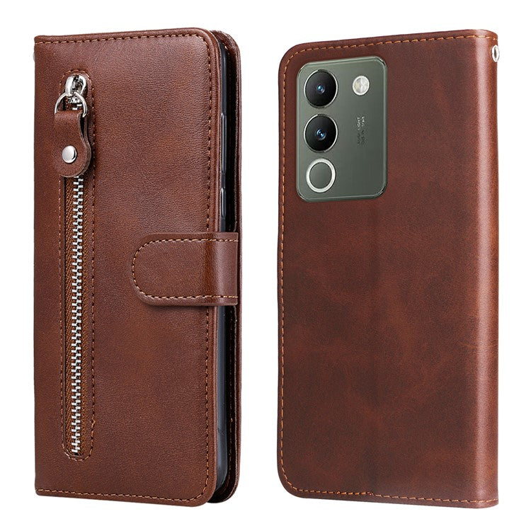 For vivo Y200 (India) 5G / V29e (Global) 5G Zipper Wallet Case Calfskin Leather Cover - Brown