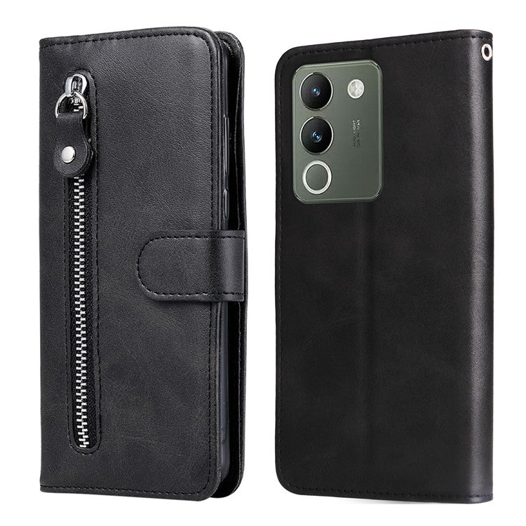 For vivo Y200 (India) 5G / V29e (Global) 5G Zipper Wallet Case Calfskin Leather Cover - Black