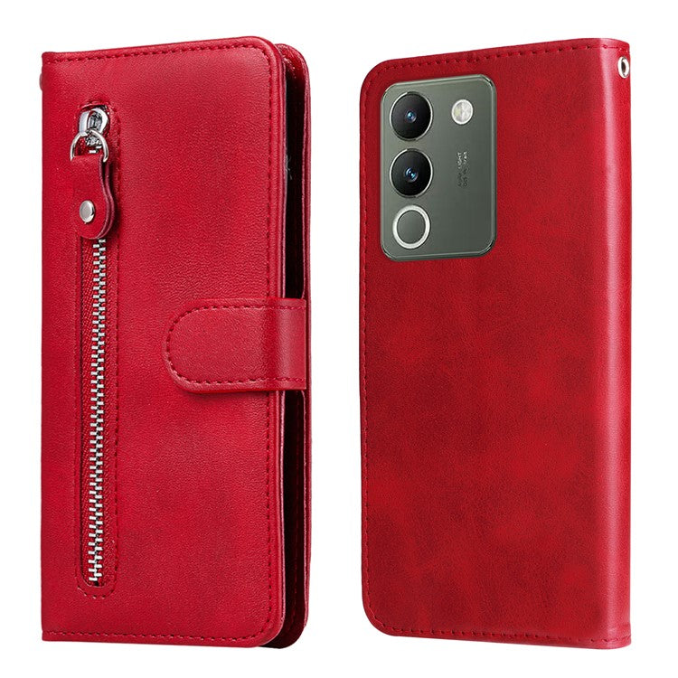 For vivo Y200 (India) 5G / V29e (Global) 5G Zipper Wallet Case Calfskin Leather Cover - Red