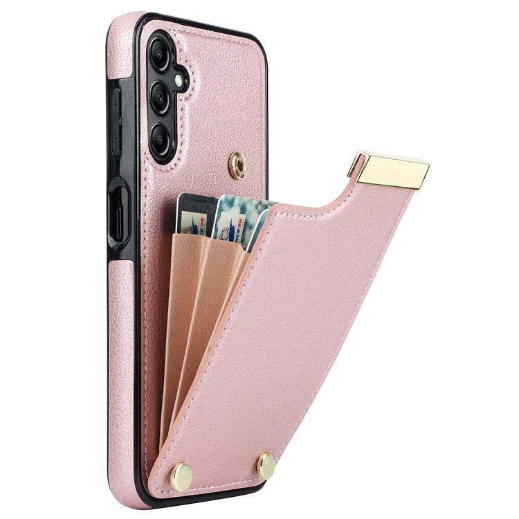 For Samsung Galaxy S24 Case TPU+PU Leather+Metal Hardware Phone Cover with Card Holder - Rose Gold