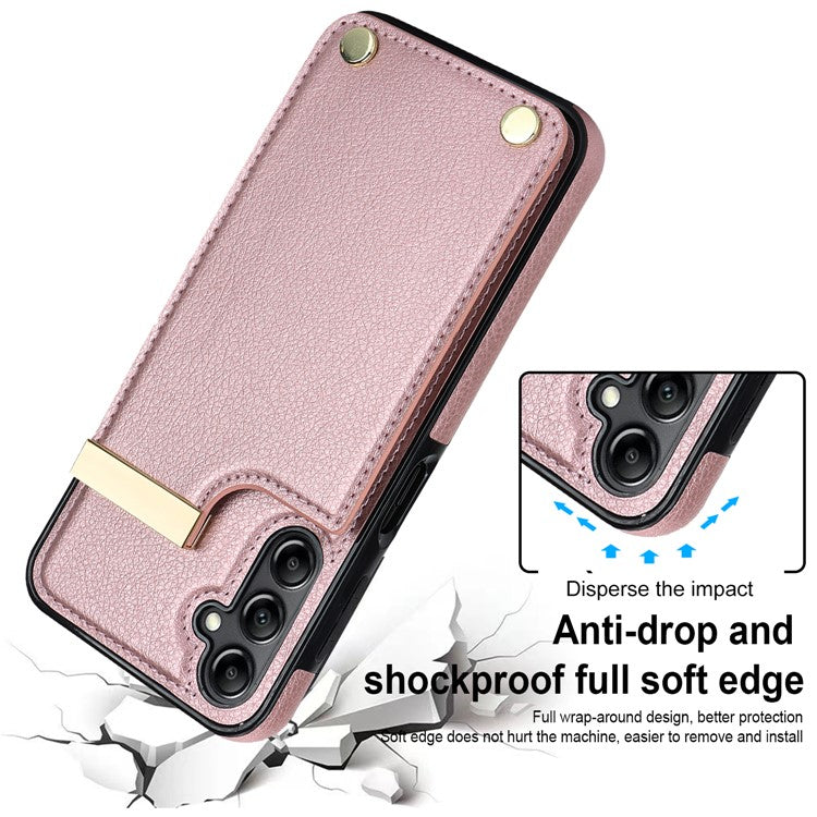 For Samsung Galaxy S24 Case TPU+PU Leather+Metal Hardware Phone Cover with Card Holder - Rose Gold