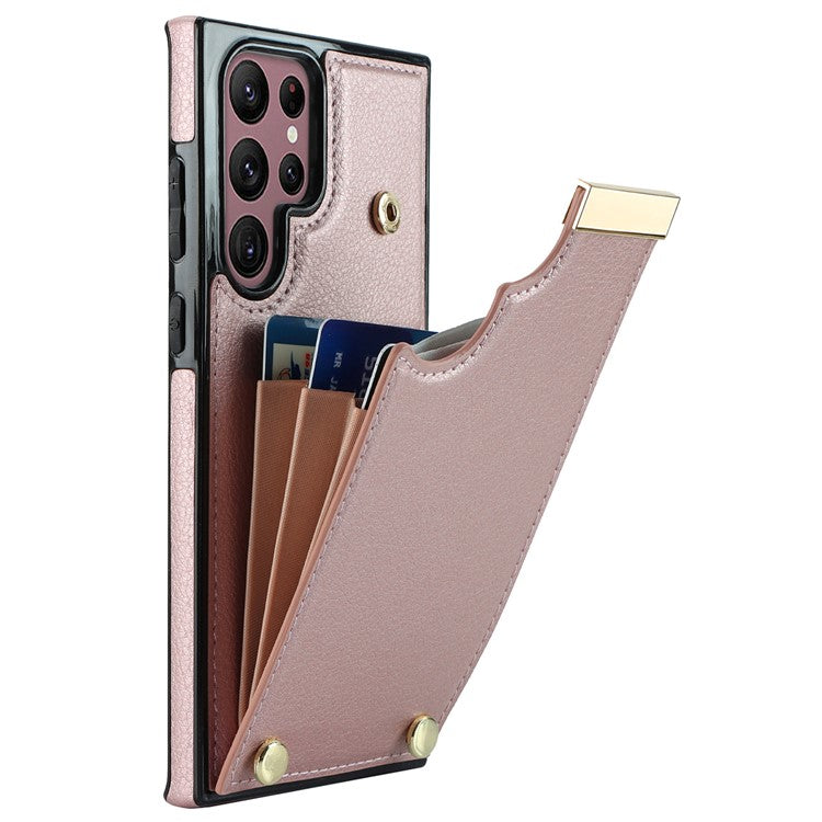 For Samsung Galaxy S24 Ultra Cover Hardware Decor TPU+PU Leather Card Bag Cell Phone Case - Rose Gold