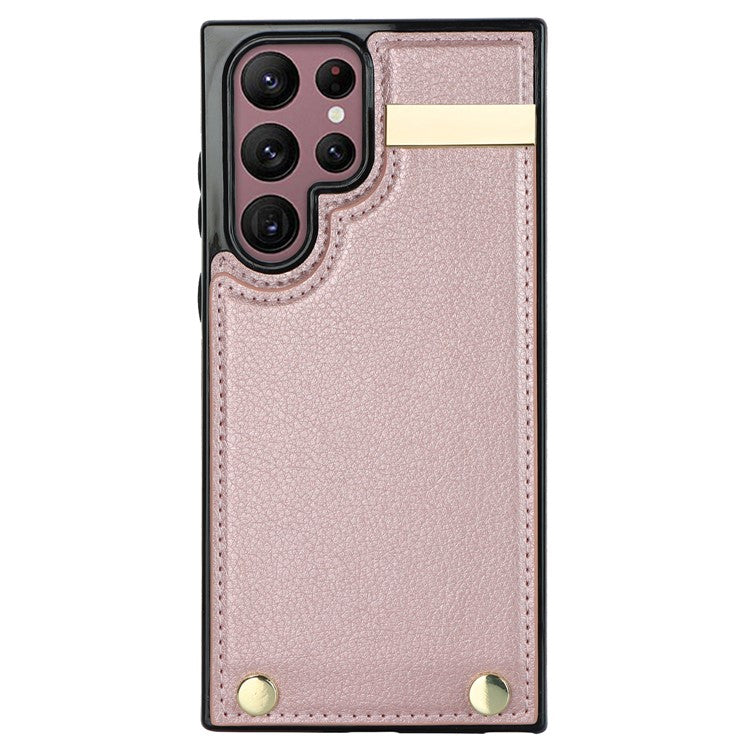 For Samsung Galaxy S24 Ultra Cover Hardware Decor TPU+PU Leather Card Bag Cell Phone Case - Rose Gold