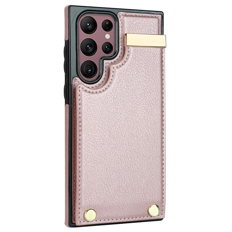 For Samsung Galaxy S24 Ultra Cover Hardware Decor TPU+PU Leather Card Bag Cell Phone Case - Rose Gold