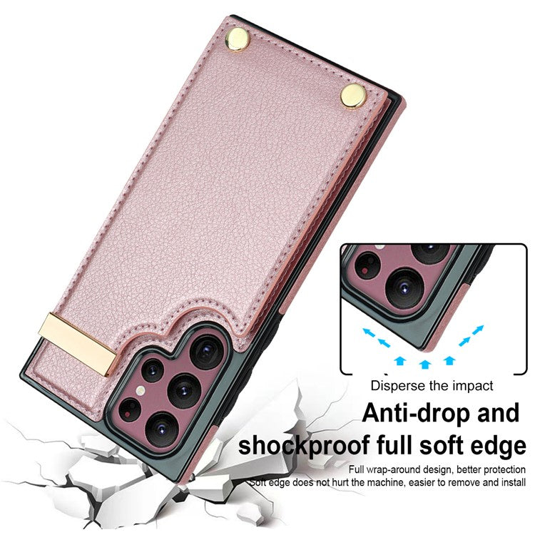 For Samsung Galaxy S24 Ultra Cover Hardware Decor TPU+PU Leather Card Bag Cell Phone Case - Rose Gold