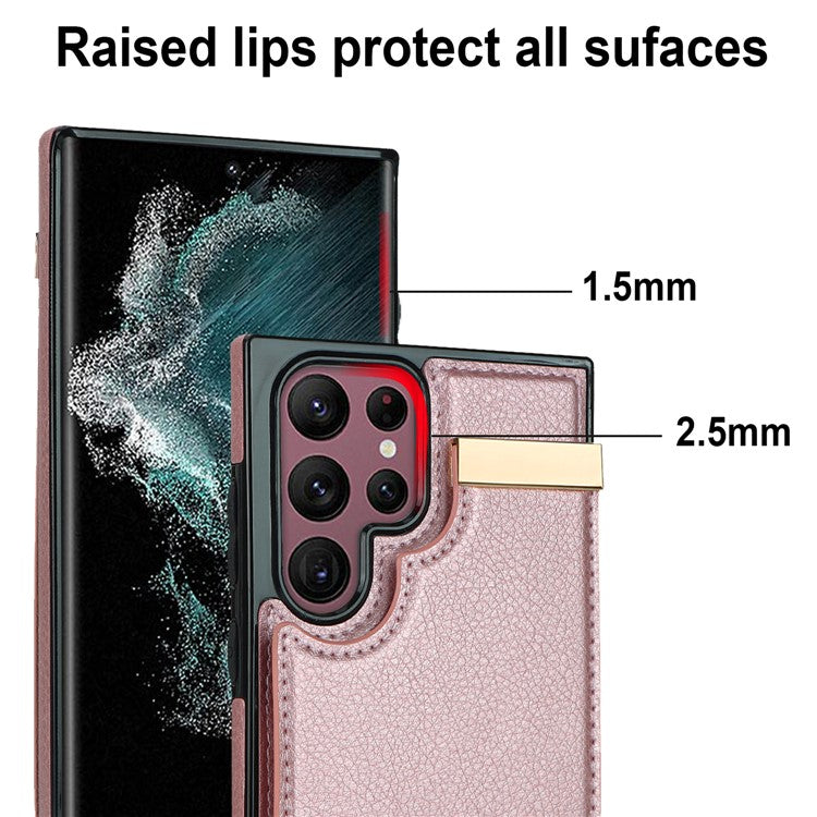 For Samsung Galaxy S24 Ultra Cover Hardware Decor TPU+PU Leather Card Bag Cell Phone Case - Rose Gold