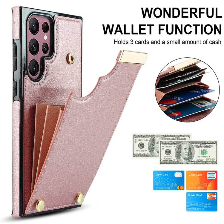 For Samsung Galaxy S24 Ultra Cover Hardware Decor TPU+PU Leather Card Bag Cell Phone Case - Rose Gold