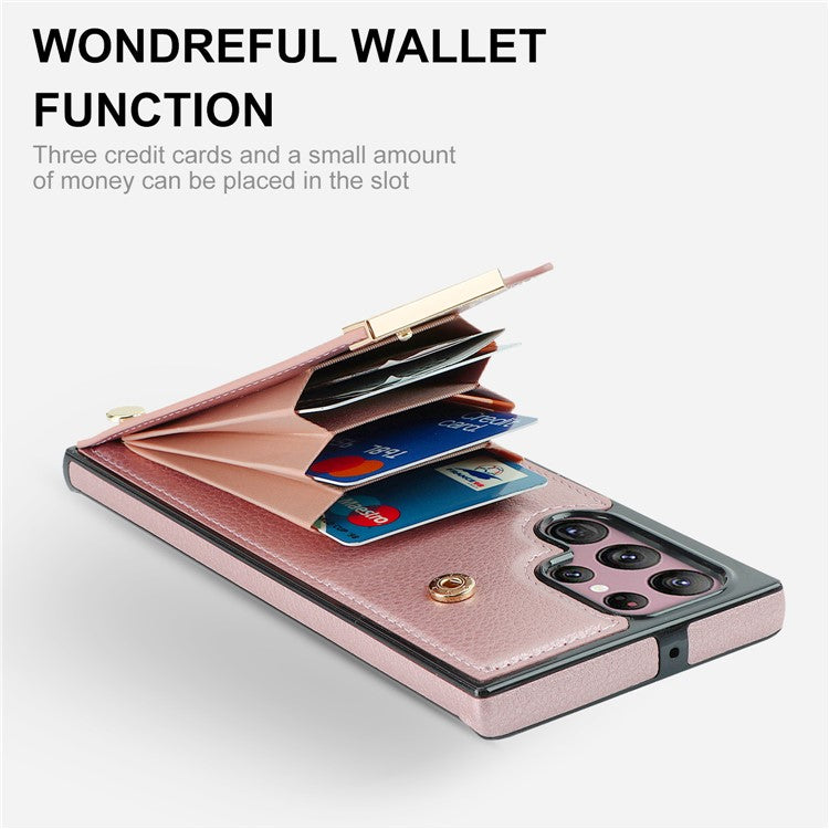 For Samsung Galaxy S24 Ultra Cover Hardware Decor TPU+PU Leather Card Bag Cell Phone Case - Rose Gold