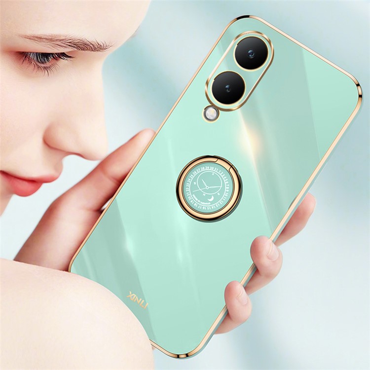 XINLI For vivo Y17s 4G Protective Cover TPU Kickstand Phone Case Electroplating Gold Edge - Cyan