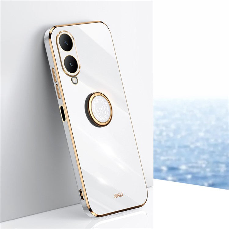 XINLI For vivo Y17s 4G Protective Cover TPU Kickstand Phone Case Electroplating Gold Edge - White