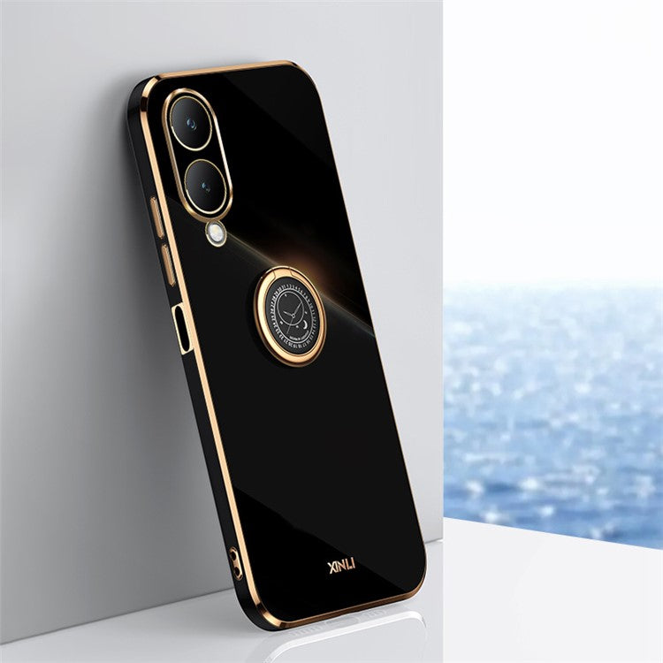 XINLI For vivo Y17s 4G Protective Cover TPU Kickstand Phone Case Electroplating Gold Edge - Black