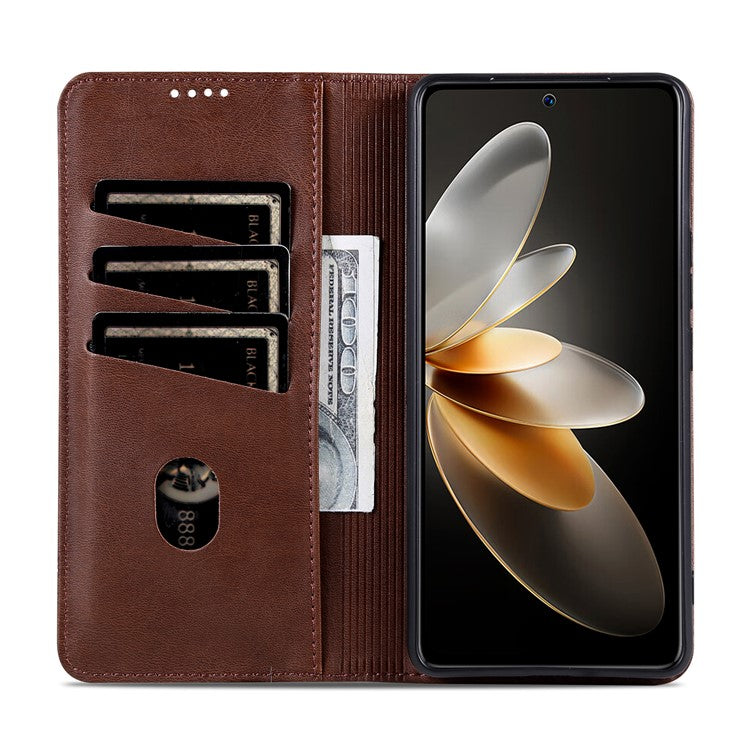 AZNS For vivo V29e (Global) 5G Magnetic Case Cowhide Texture Scratch-proof Phone Wallet Cover - Coffee