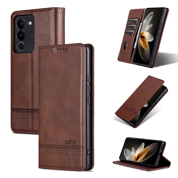 AZNS For vivo V29e (Global) 5G Magnetic Case Cowhide Texture Scratch-proof Phone Wallet Cover - Coffee