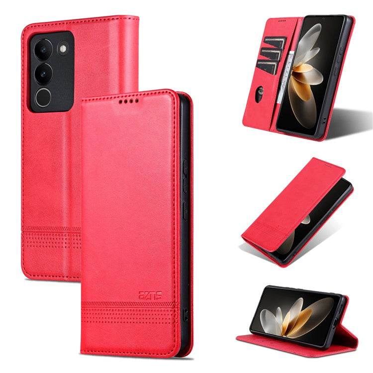 AZNS For vivo V29e (Global) 5G Magnetic Case Cowhide Texture Scratch-proof Phone Wallet Cover - Red