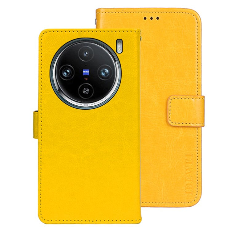 IDEWEI For vivo X100 Pro 5G Phone Case Crazy Horse Pattern Flip Phone Wallet Cover - Yellow