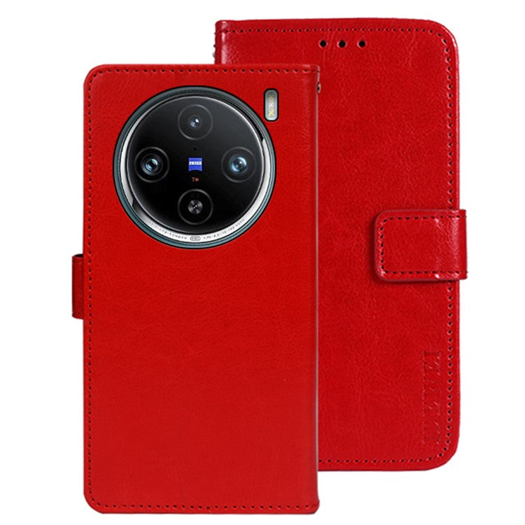 IDEWEI For vivo X100 Pro 5G Phone Case Crazy Horse Pattern Flip Phone Wallet Cover - Red