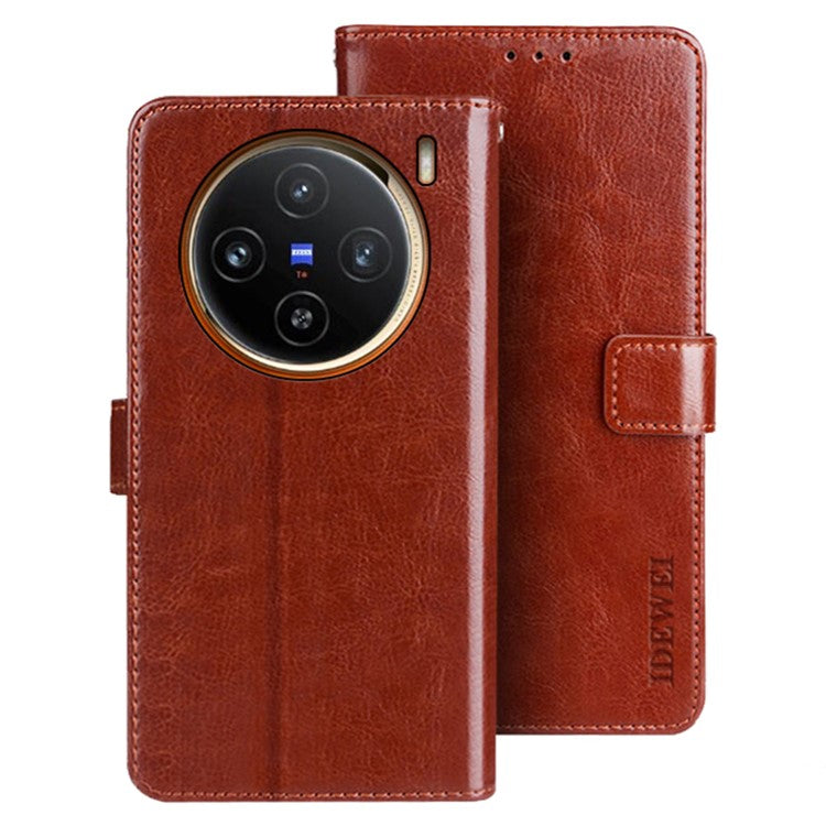 IDEWEI For vivo X100 5G Phone Leather Flip Case Wallet Stand Crazy Horse Texture - Brown