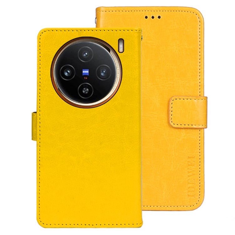 IDEWEI For vivo X100 5G Phone Leather Flip Case Wallet Stand Crazy Horse Texture - Yellow