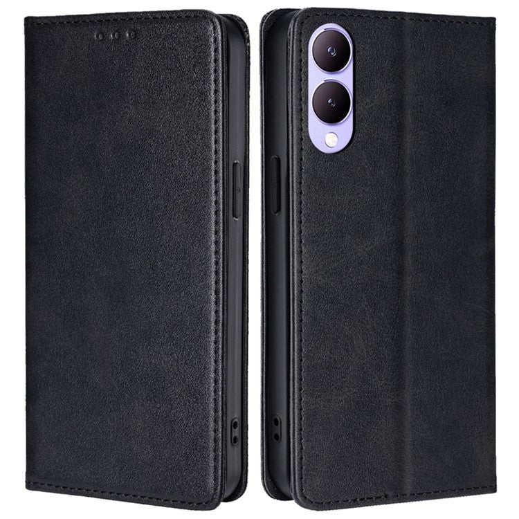 For vivo Y17s 4G Magnetic Case PU Leather+TPU Calf Texture Scratch-proof Phone Protector - Black