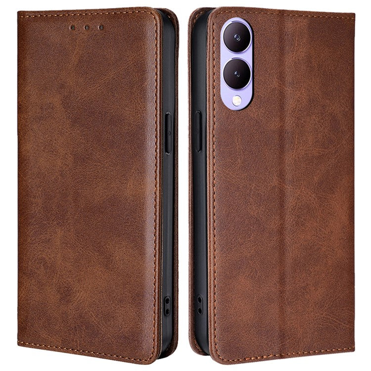 For vivo Y17s 4G Magnetic Case PU Leather+TPU Calf Texture Scratch-proof Phone Protector - Brown